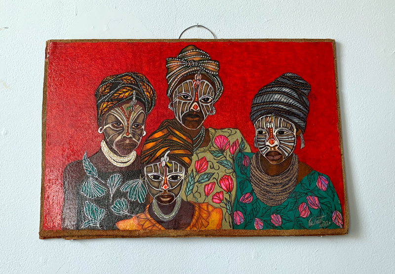 Freddy West, Family Portrait (red background), repurposed board (from an old dresser), paint markers and veneer, 2021 Â© Freddy West. Photo by Debra Domal.