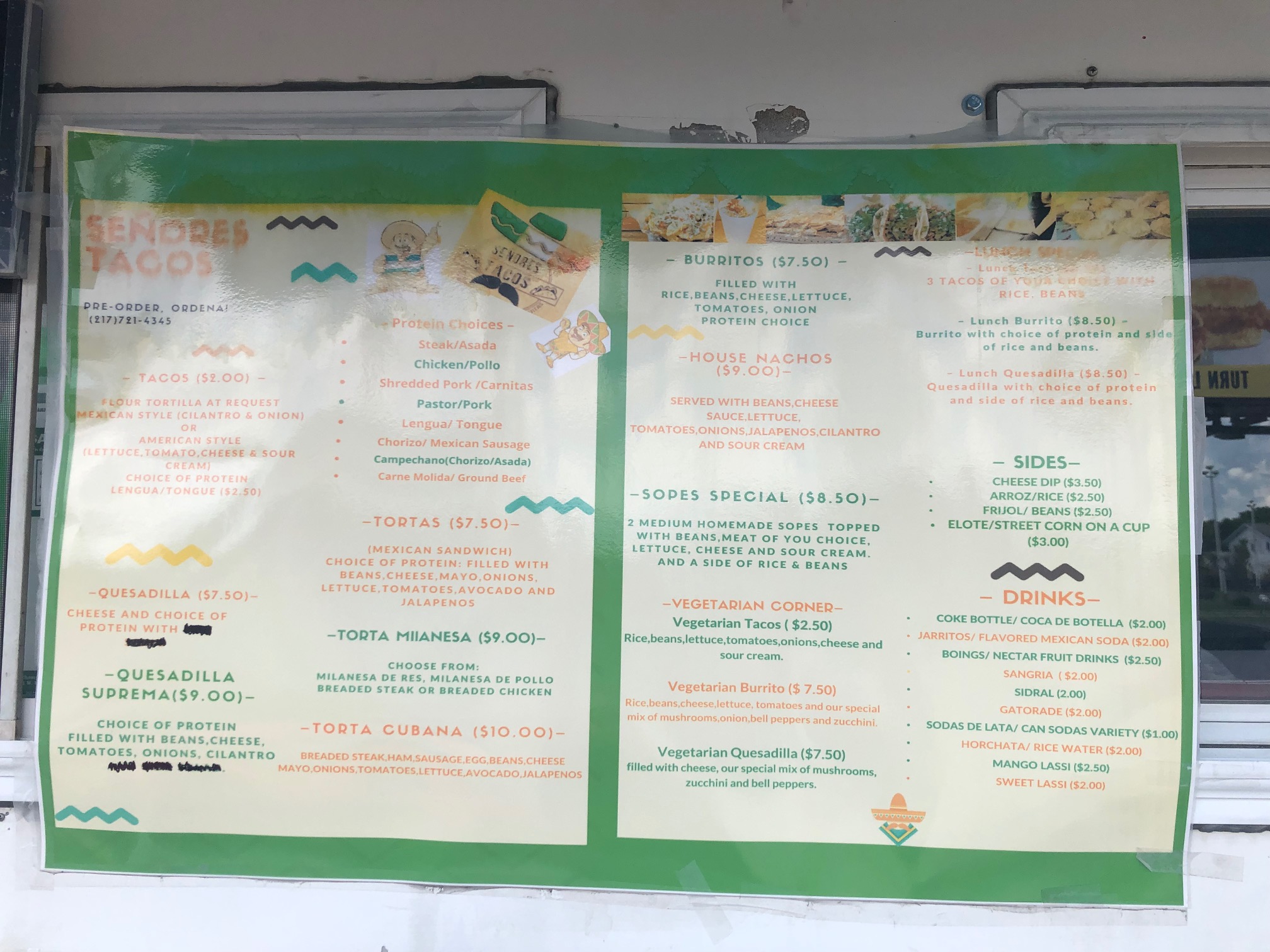 A sun-washed photo of the menu at SeÃ±ores Tacos. Photo by Alyssa Buckley.