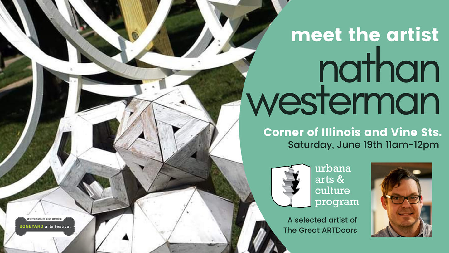 Photo of sculpture by Nathan Westerman with information on his Boneyard event and a photo of the artist. Image from the Urbana Arts & Culture Program Facebook page.