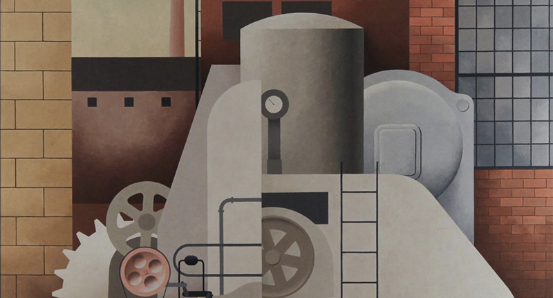 Paul Kelpe, Man and Machines (Abstraction #5), 1934, oil, Â©Paul Kelpe. Image from Krannert Art Museum website.