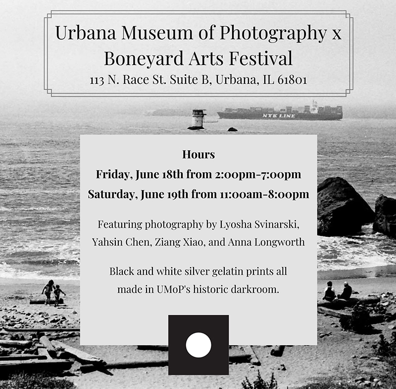 Black and white photo of the beach behind an event announcement for the Urbana Museum of Photography's Boneyard Arts Festival event. Image from the Urbana Museum of Photography's Facebook page.