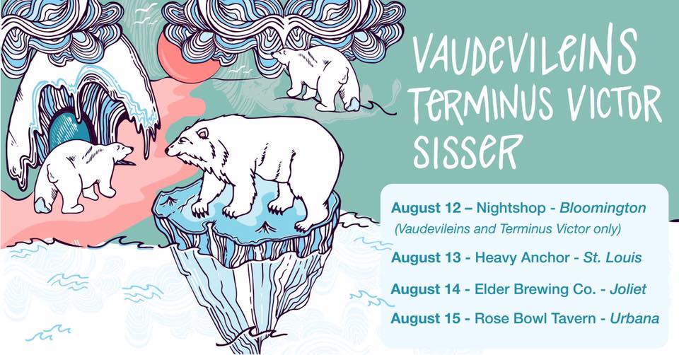 Illustration featuring tour dates and polar bears and waves painted blue and purple.