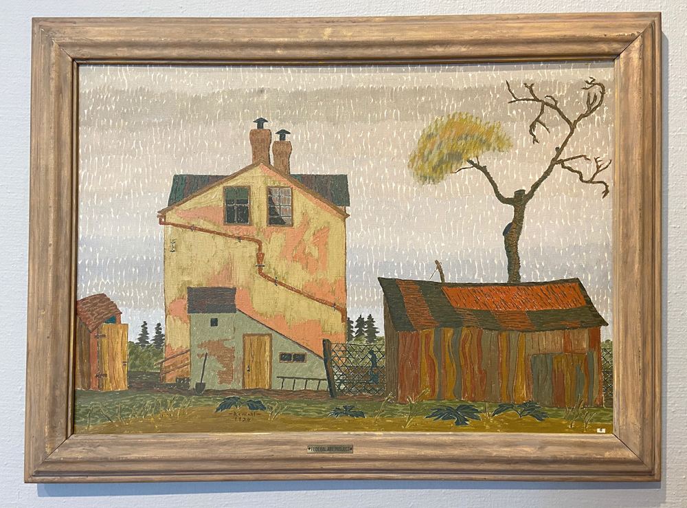 Frederick Remahl, Stucco House, oil on canvas, 1936. A view of a large, pink and white house with a burnt orange-red gutter traversing the side. To the right is a fence behind which is a silhouetted person. A barn painted with red and brown earth tones is to the right of the fence. Behind the barn is a scraggly tree, with bare branches on the right side and some leaves on the left side branches. On the left of the canvas is a small building painted with light browns. Photo by Jessica Hammie. 