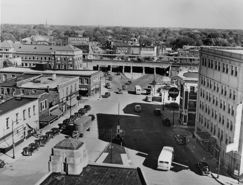 an old photo from atop the City Building in Champaign that shows a newly built Stampofski Park 