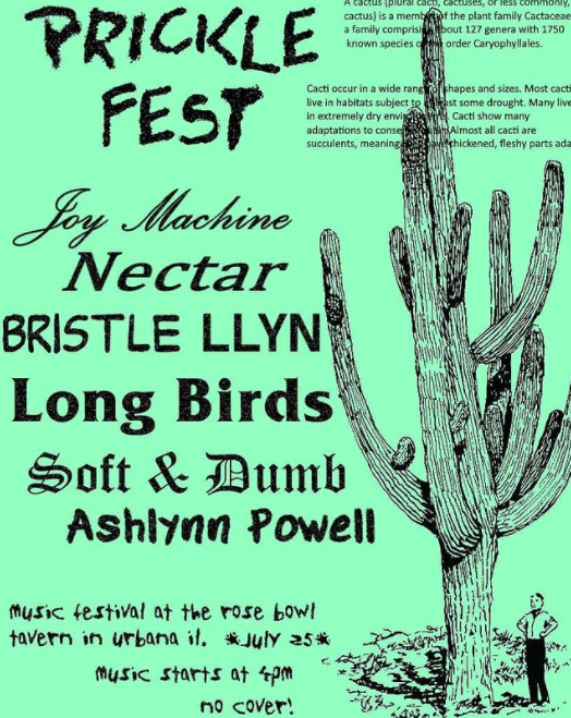 Green Prickle Fest poster featuring a cactus and a list of band names promoting the show.