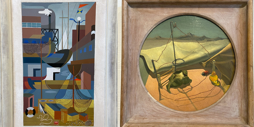 Two paintings combined into one image. On the left: Hilarie Hiler, Fishing Port, oil on masonite, 1936. This painting is very geometric and almost abstract. It pictures a fishing port with a ship in the middle background, a net on the bottom right, and buildings on the upper left and right of the vertically oriented canvas. The colors are blues and earthy browns and yellows. On the right: Waldo Glover Kaufer, Beginnings of Desolation, oil on canvas, ca. 1934-1943. A wood frame with a circular opening encases a painting featuring a still life in a sparse landscape with fabrics, a jar of oil, a ladybug, and possibly a skull or bone on a light brown fabric. There are metal wires encircling these objects that connect to a metal pole. Photos and graphic by Jessica Hammie. 