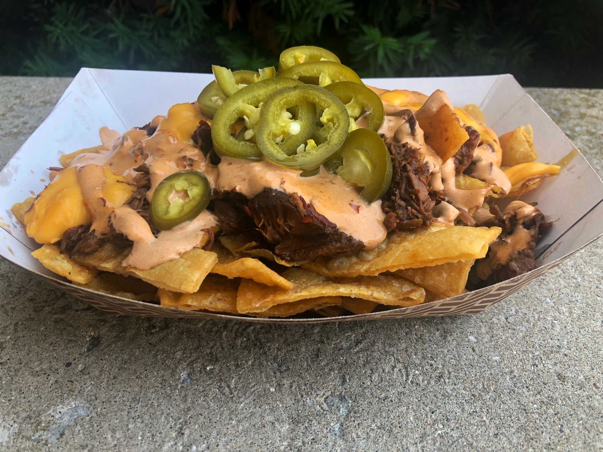 In a paper basket, there are rectangular corn chip strips with dark brown meat, orange sauce, and light green pickled jalapenos. Photo by Alyssa Buckley.