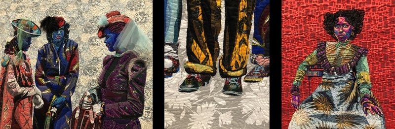 Three images of quilt pieces side by side: Three women in fancy clothing standing in a semi-circle, the legs and feet of three men wearing rolled trousers and shoes, and a woman leaning back casually in a chair, staring forward. Images from the Art Institute.