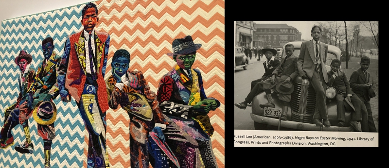 Two photos side by side: one is a quilt of five African American boys in suits, all in different poses. The second is a black and white photograph of a similar image. Photos by Cope Cumpston.