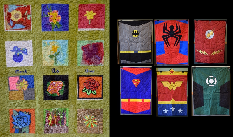 A photo of a quilt with a green background and multiple single squares designed by students is next to a photo of six quilts, each designed to look like a superhero's attire. Photos from Cunningham Children's Home.
