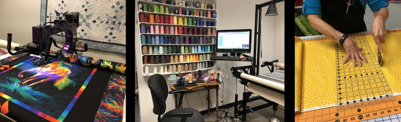 Three side by side images of quilt workspaces, displaying machines and a shelf filled with different colors of thread. Photos by Cope Cumpston.