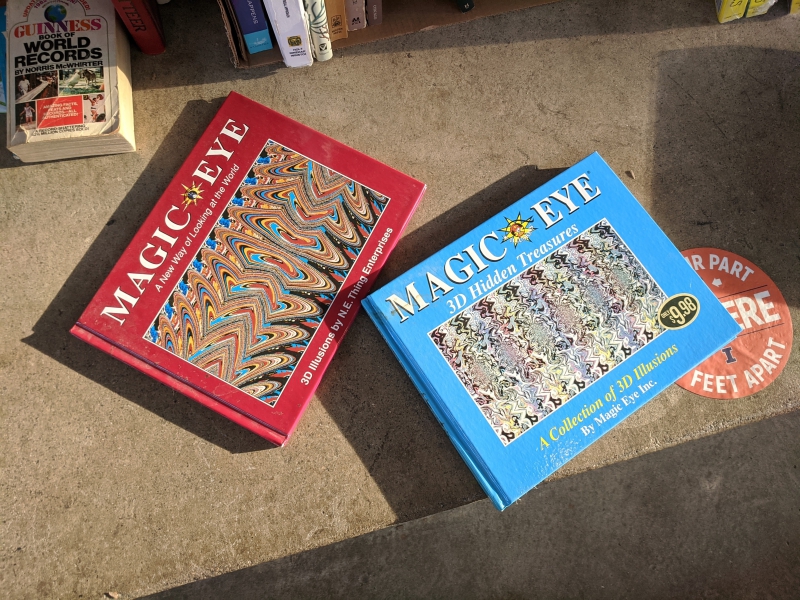 Two magic eye books, one with a blue cover and one with a red cover. Photo by Tom Ackerman. 