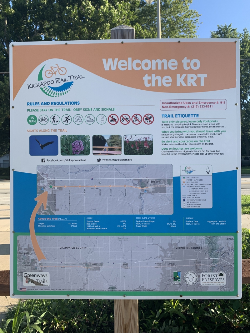 A sign detailing the Kickapoo Rail Trail 