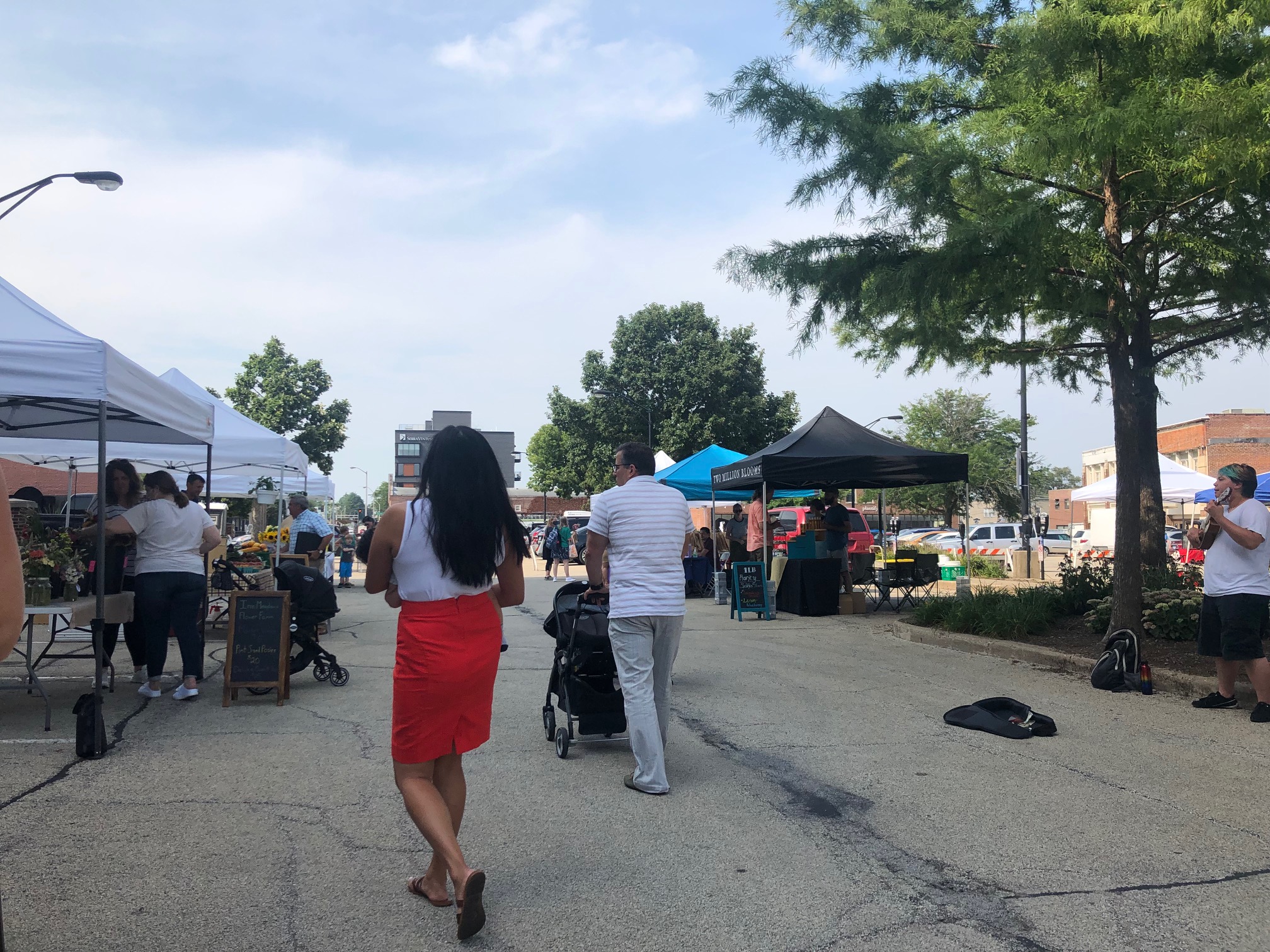 At the Champaign Farmers' Market, there is a couple walking and looking at the vendors of the market. The man is pushing a black stroller, and the woman in a yellow dress is carrying a baby. Photo by Alyssa Buckley.