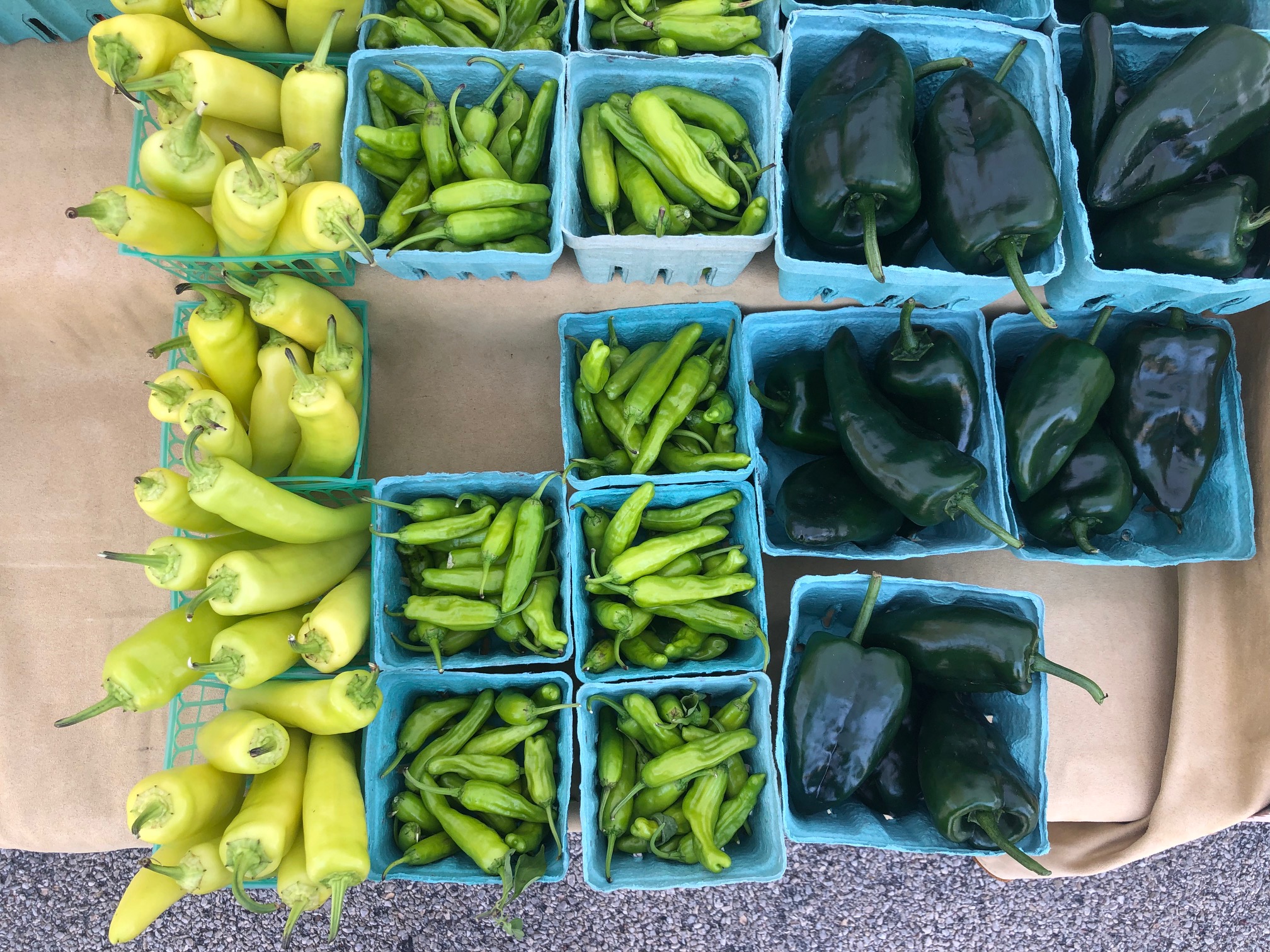 In an overhead shot, there are several peppers in square containers ready for sale at the farmers' market in the parking lot in Downtown Champaign. Photo by Alyssa Buckley.