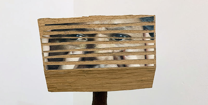 Durango Mendoza. Close-up of Emergence: Self-Portrait, Assemblage, wood and photograph. Â© 1992. Photo by Debra Domal.
