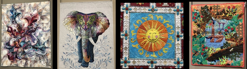 Four images of quilt squares: an abstract pattern, an elephant, a stylized sun, and a nature scene. Photos by Cope Cumpston.