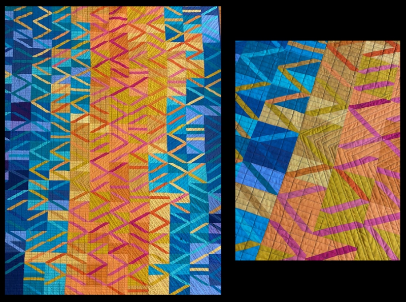 Side by side images of quilts with blues, yellows, oranges and reds. 
