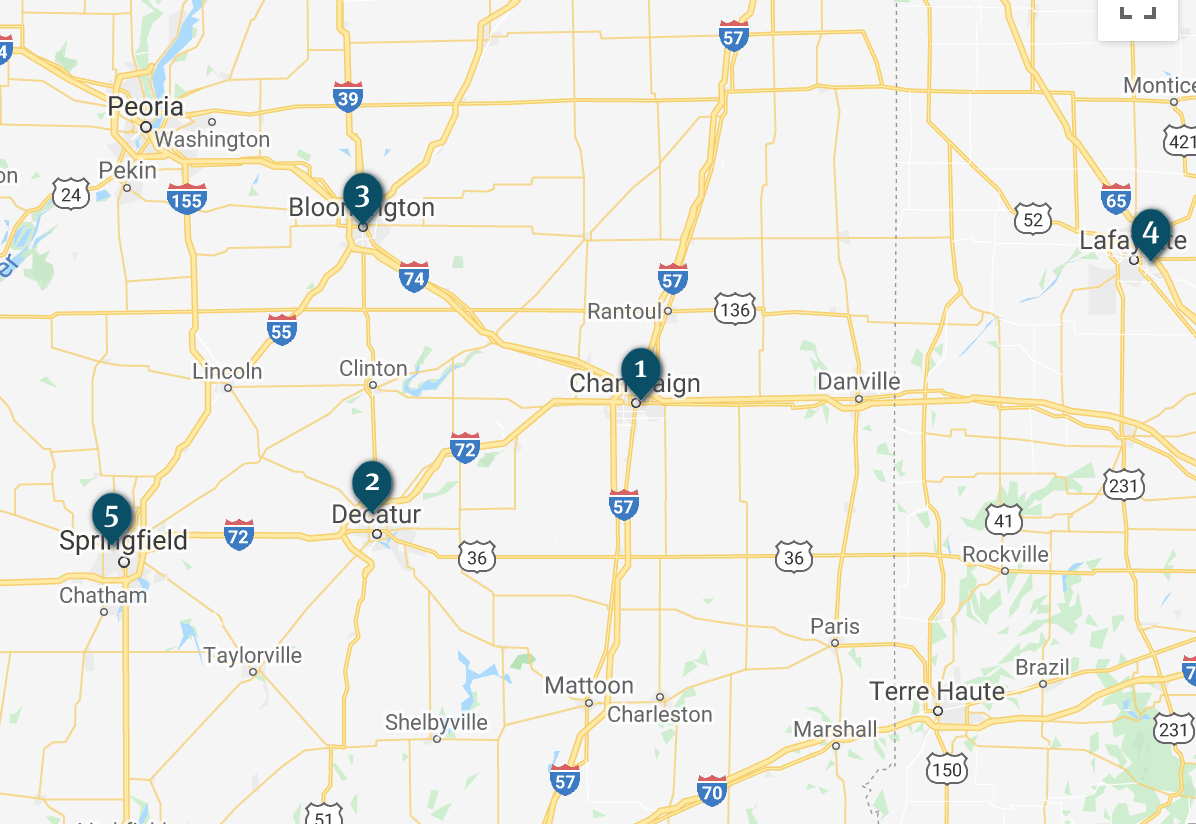 Screenshot of health clinic locations closest to Champaign-Urbana providing medical and surgical abortions. Screenshot from abortionfinder.org.