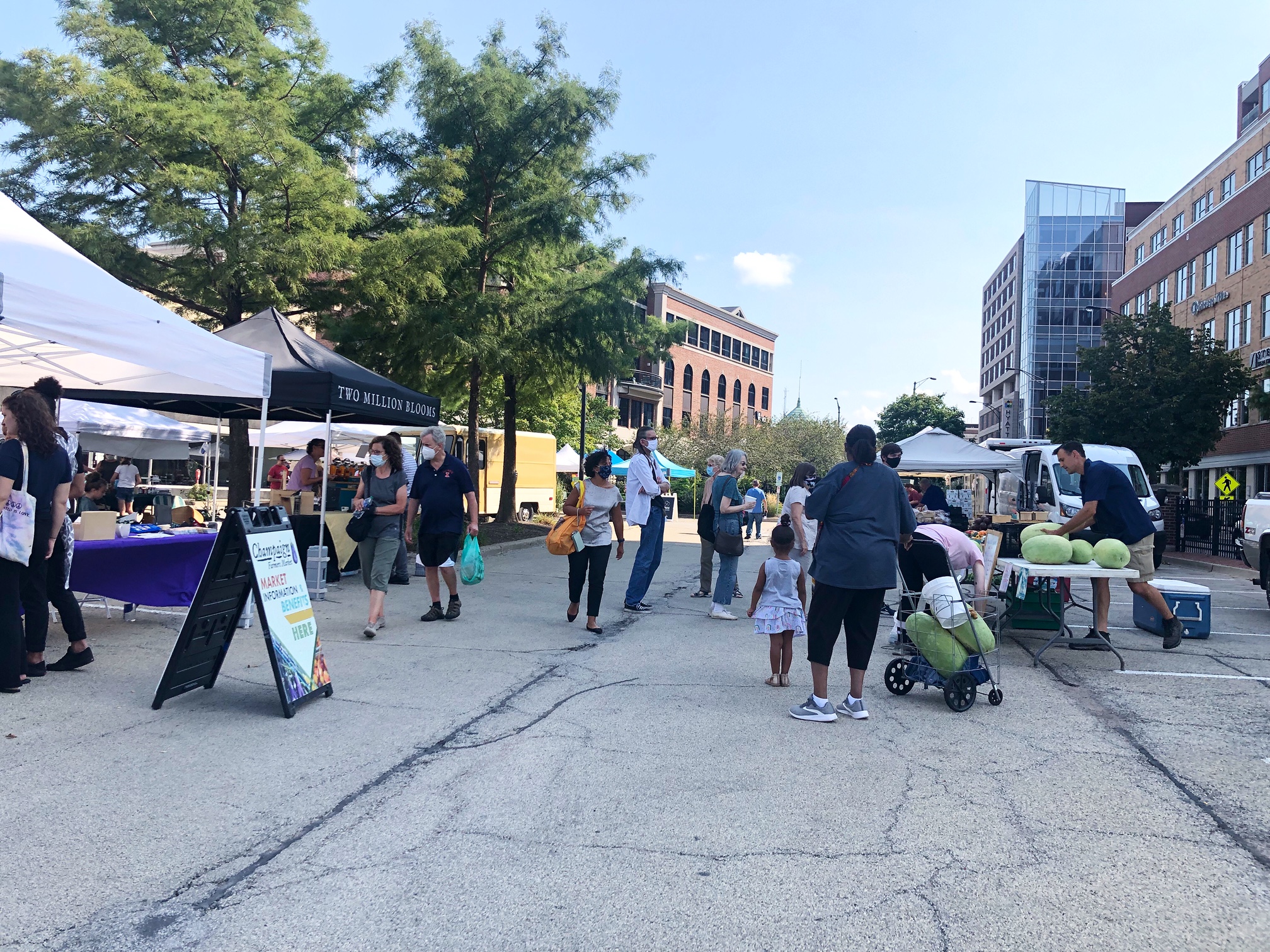 In the parking lot of Downtown Champaign, the Champaign Farmers' Market is busy with shoppers, half masked and half unmasked, visiting the tents of vendors.  Photo by Alyssa Buckley.