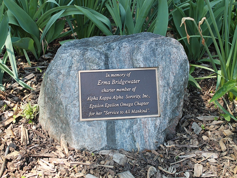 a plaque embedded into a rock honoring Erma Bridgewater