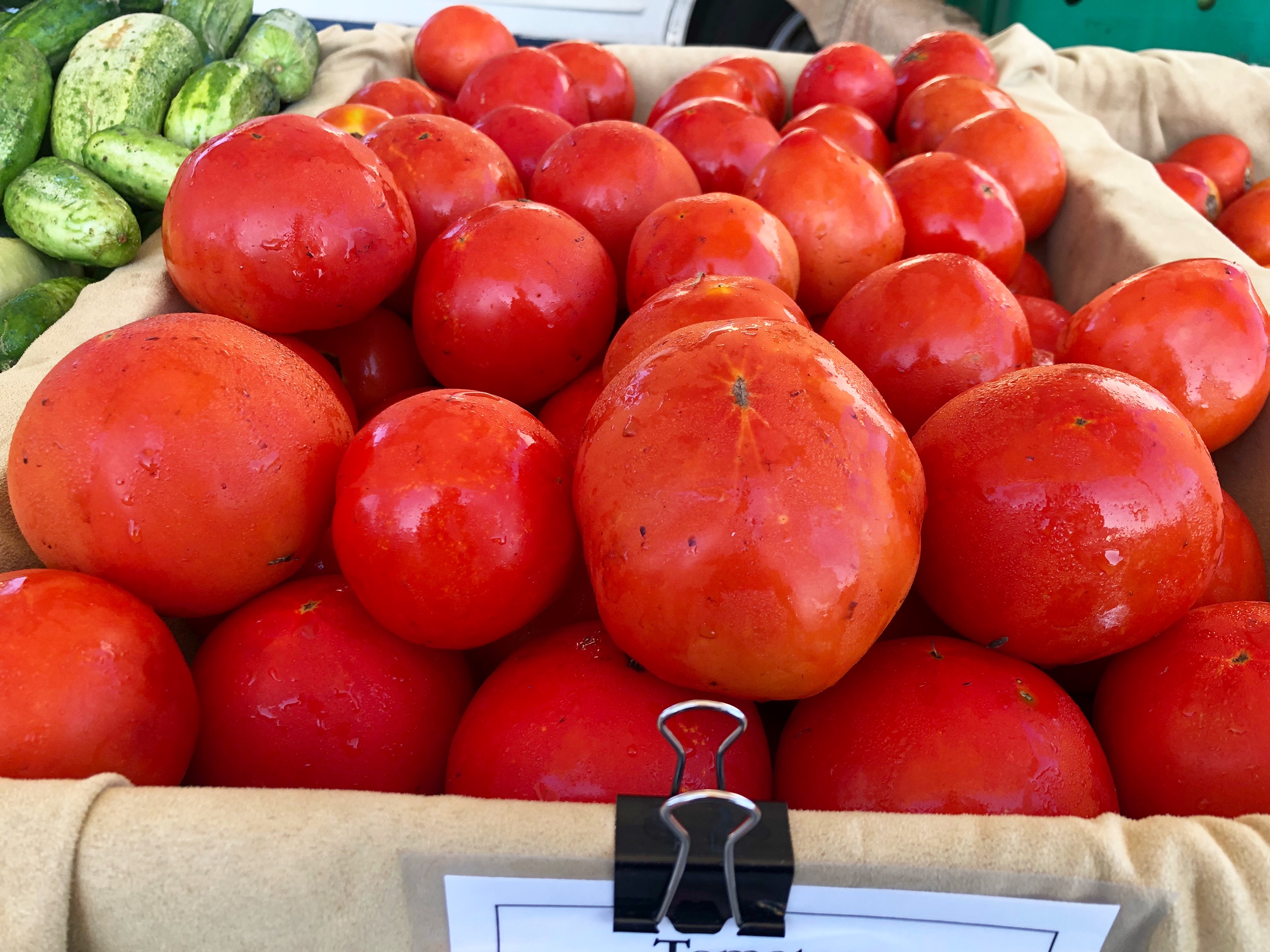 In a burlap wrapped basket at the Urbana Market in the Square, many tomatoes fill the container. They are bright red and dewy in the morning light. Photo by Alyssa Buckley.