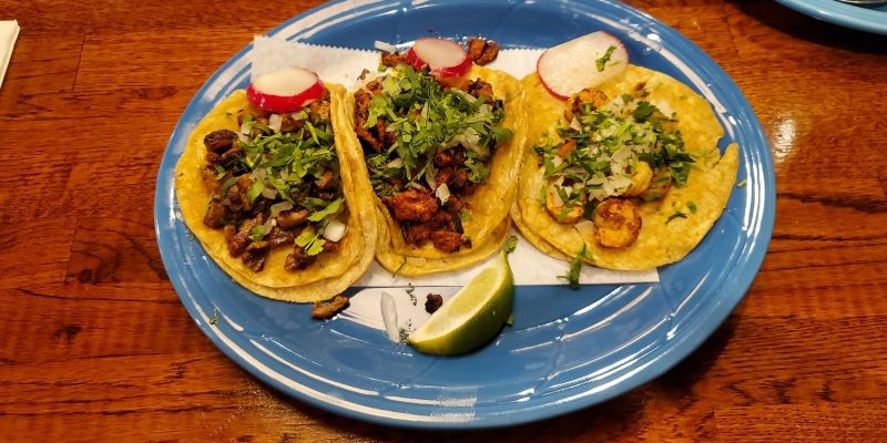 On a dark brown table, there is a blue plate with three tacos on it. Photo by Carl Busch.