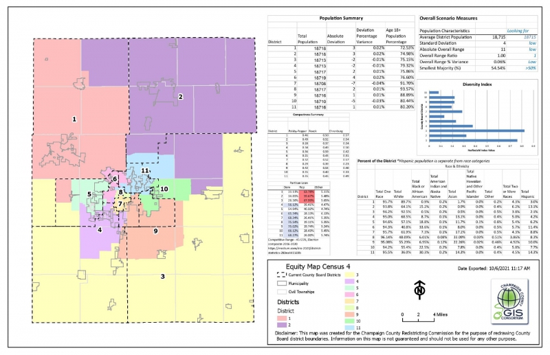 A rectangular map of Champaign County, divided into county board districts. The districts are designated by color on the map. Next to the map are several tables showing district demographics. Image from Champaign County Board website. 