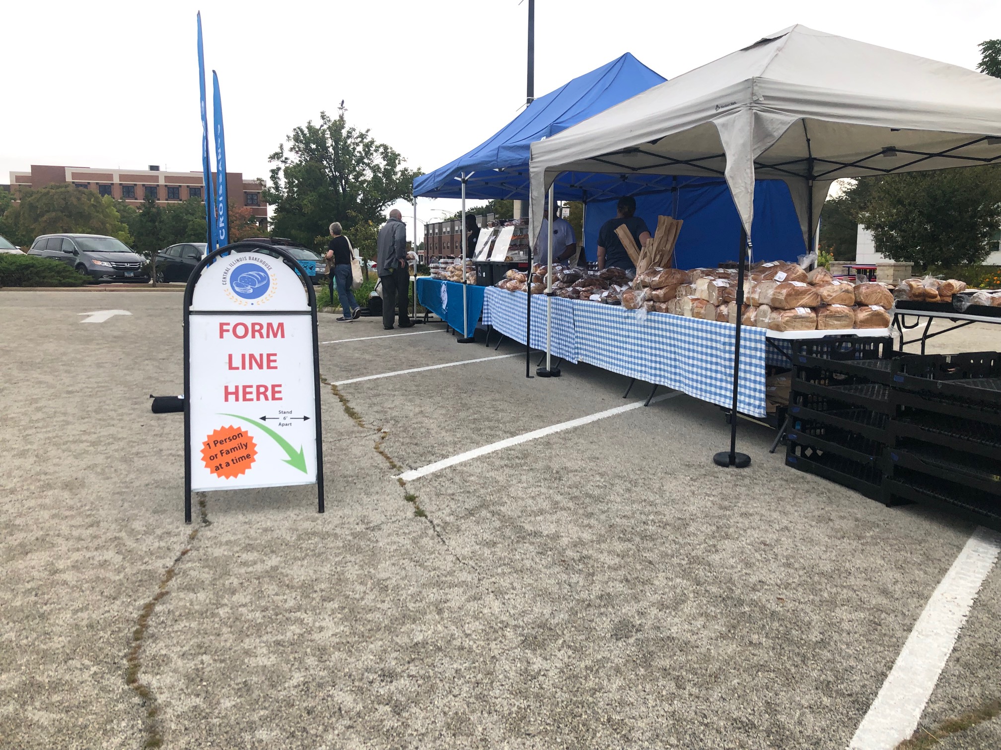 On top of three parking spaces at the Urbana farmers' market, there are blue tents with blue checkerboard tablecloths covered with baked goods and bread. Photo by Alyssa Buckley.