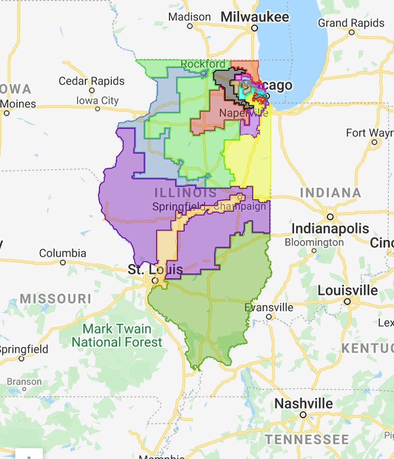 A map of Illinois divided into congressional districts. Each district is designated by a different color. Screenshot from Google maps.