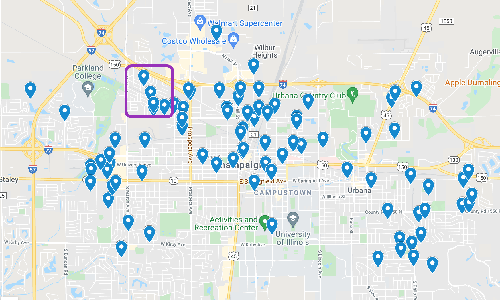 Map indicates all locations of know injury or death from gun violence in Champaign-Urbana. A purple square indicates the Garden Hills neighborhood, where Champaign Police want to employ GDT. Google Map by Gun Violence Archive.