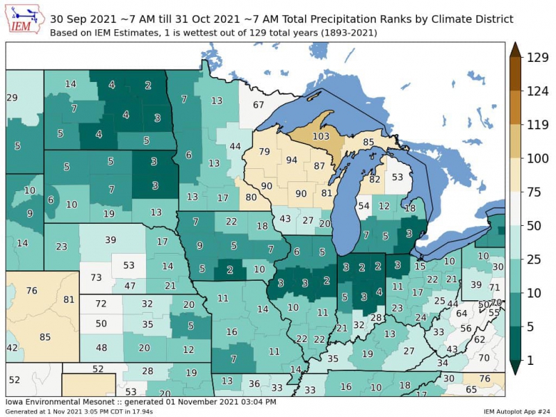 A map of the Midwestern states, with varying shades of tan and green indicating how much precipitation parts of the area received. Image from Iowa Environmental Mesonet.