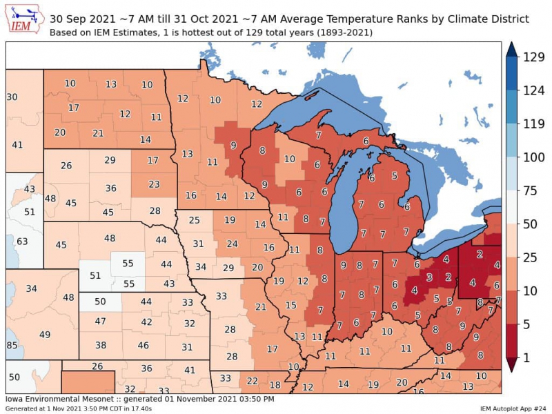 A map of Midwestern states with varying shades of red indicating temperature ranges. Image from Iowa Environmental Mesonet. 