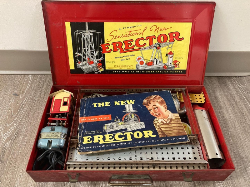 A vintage erector set in a red metal case. Photo from Champaign County Restore Facebook page.