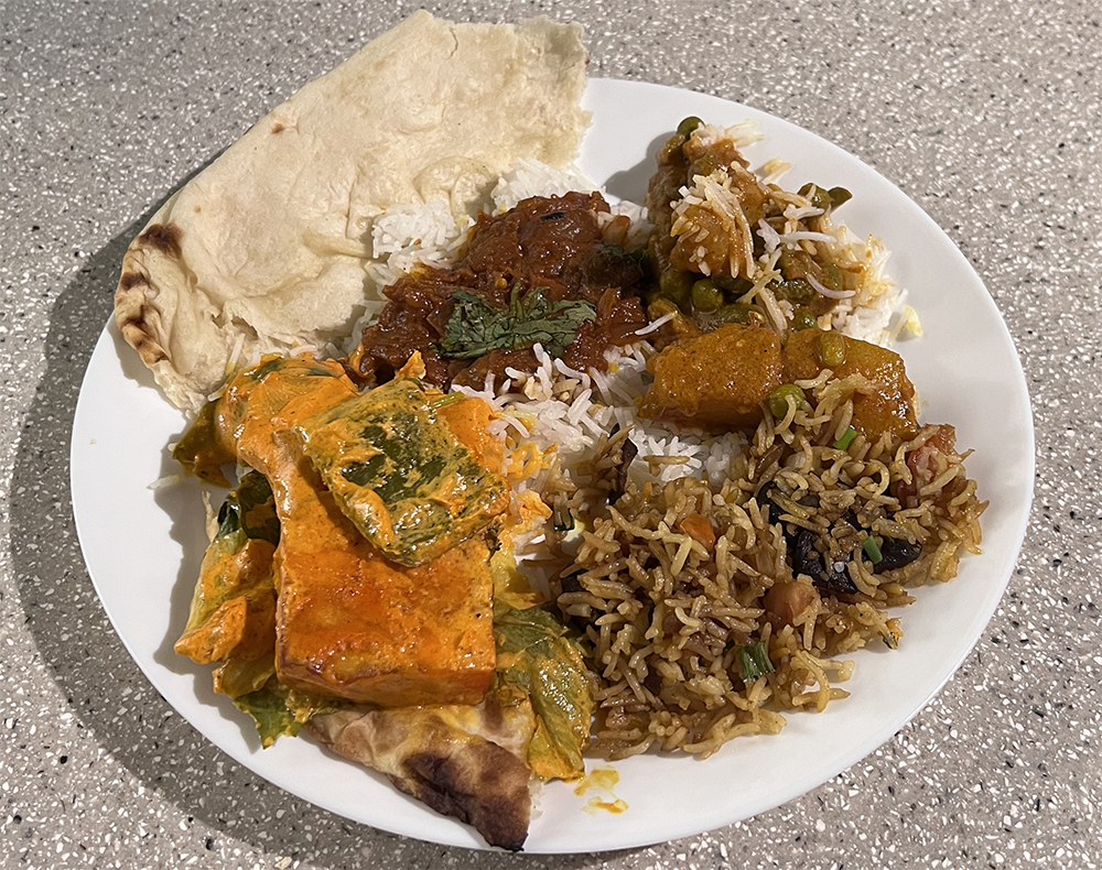 A photo of a plate of food on a gray-speckled counter. The white plain contains naan and various indian dishes discussed in the article over rice. Most of the food is brown with flecks of green. One item, paneer tikka tandori, is bright orange with a green pepper chunk. Photo by Sara Ressing.