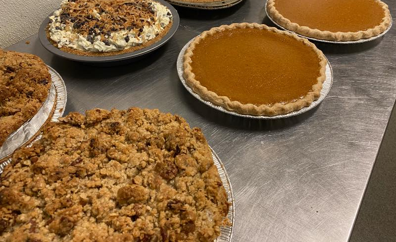 Several pies are on a metal counter at Po Boys for Thanksgiving. Photo from Po Boys' Facebook page.