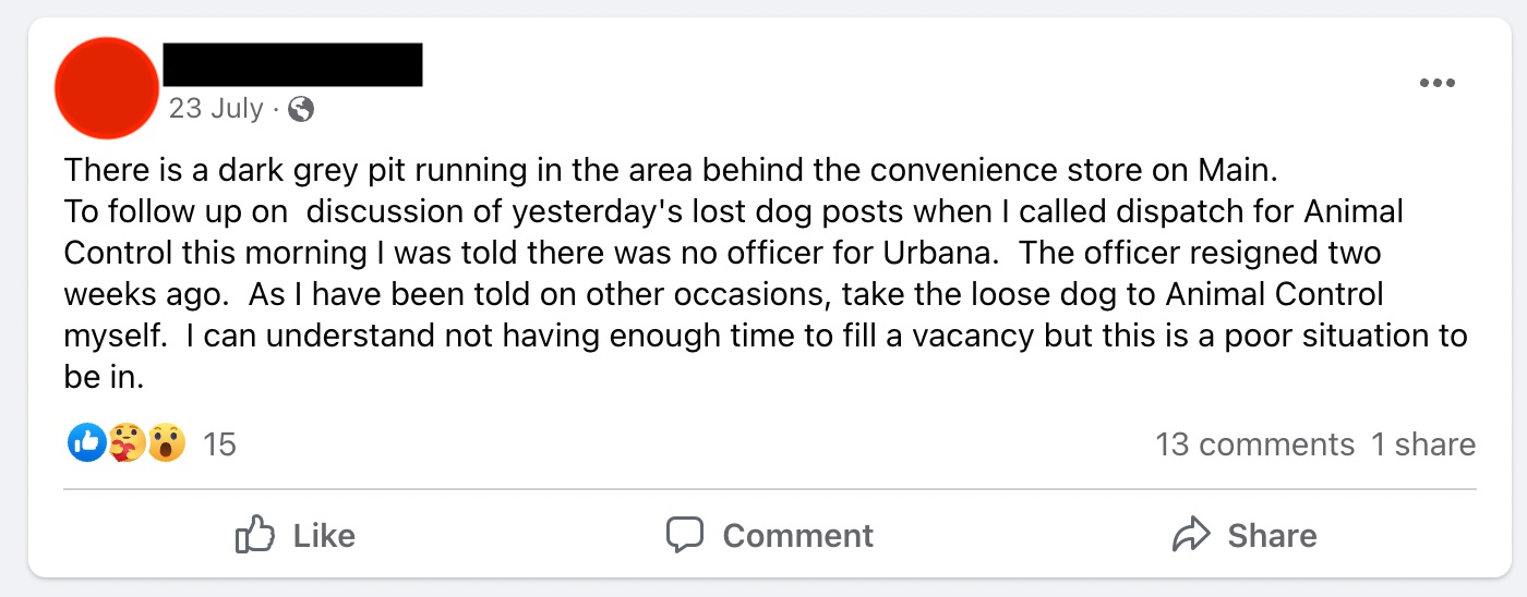 A screenshot from Facebook about the lack of Animal Control officer in Urbana. Screenshot from Facebook. 