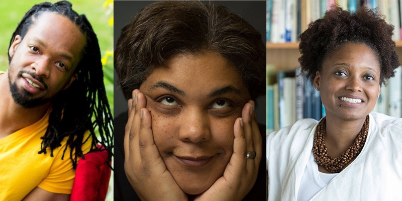 Three photos in a row, Jericho Brown, Roxane Gay, and Tracy K Smith. Photos from the Festival of Writers/U of I Humanities Research Institute Facebook page.