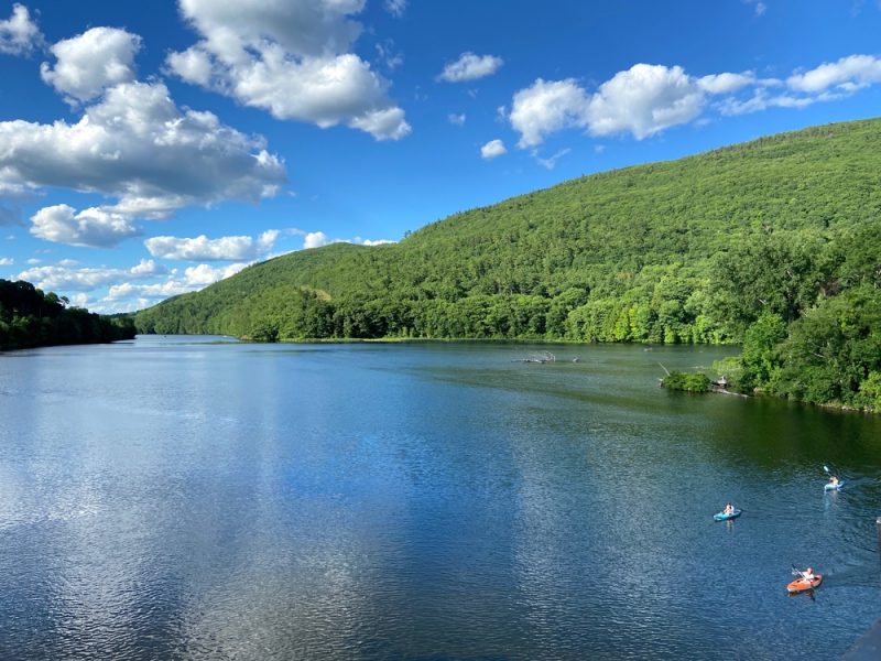 A large glassy lake surrounding by hills covered in green trees. The sky is blue with white puffy clouds. Photo by Jessica Hammie. 