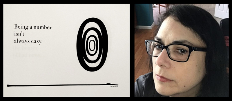 A page from a book with a white background, black concentric ovals on the right and a black line along the bottom. In black type it says Being a number isn't always easy. There is a photo of a woman with dark hair and black rimmed glasses alongside the page. Â©Debra Domal, Confessions by the Numbers, 2020. 