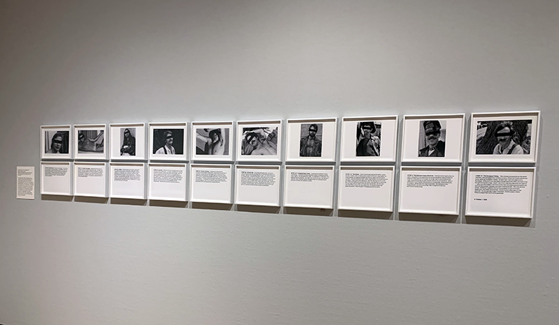 A  horizontal series of black and white photos in white frames with matching white frames below holding accompanying text. 