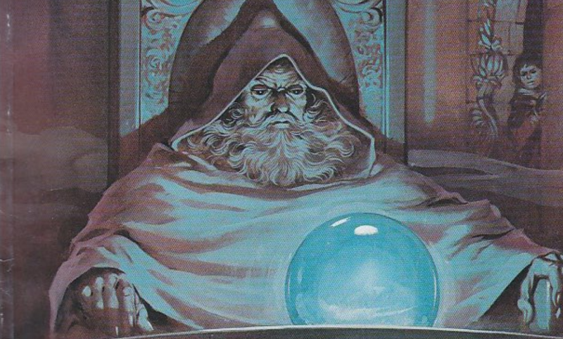 A painting with a bearded man wearing a hooded cloak staring at a blue orb. In the background there is a girl with dark hair peering through an archway.