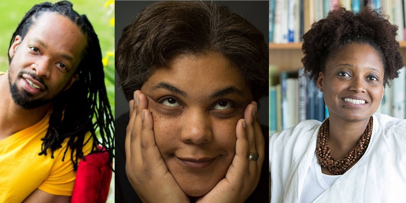 Left to right, photos of poet Jericho Brown, author and cultural critic Roxane Gay, and poet Tracy K. Smith.