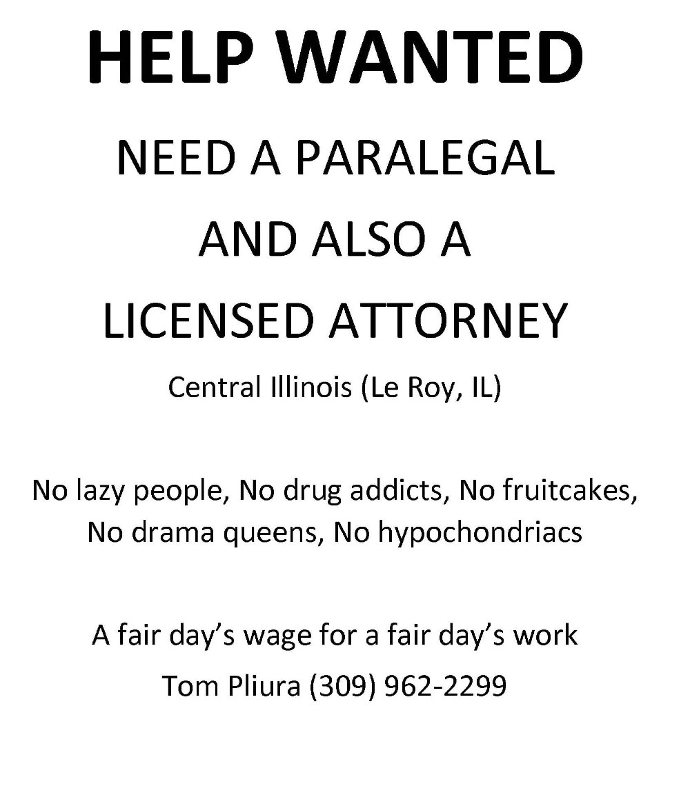 Screenshot of help wanted ad. Black text on white background reads 