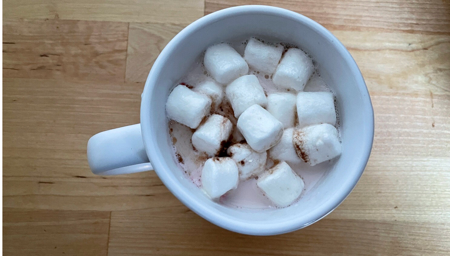 An overhead photo of a white mug shows a pale hot chocolate with many mini marshmallows. Photo by Alyssa Buckley.