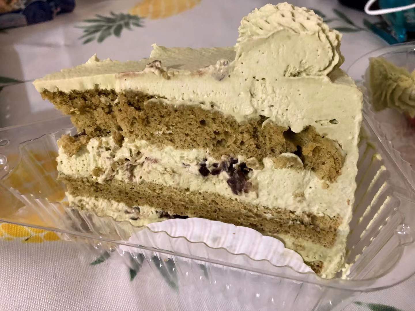 In a plastic to go pie dish, there is a red bean matcha cake. Photo by Xiaohui Zhang.