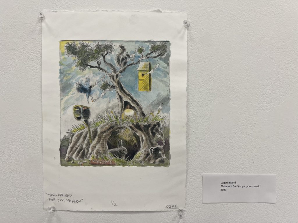 a picturesque scene, a large tree with a birdfeeder. Rabbits are below the tree, birds are flying around. Smoke is coming from the birdfeeder, and a bird is holding a cigarette. 