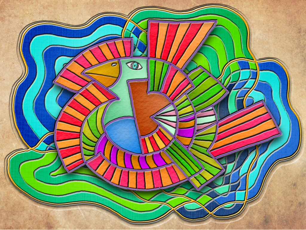 Abstract multi-colored tiles carved into a bird-shape using bright green, orange, blue, and magenta.