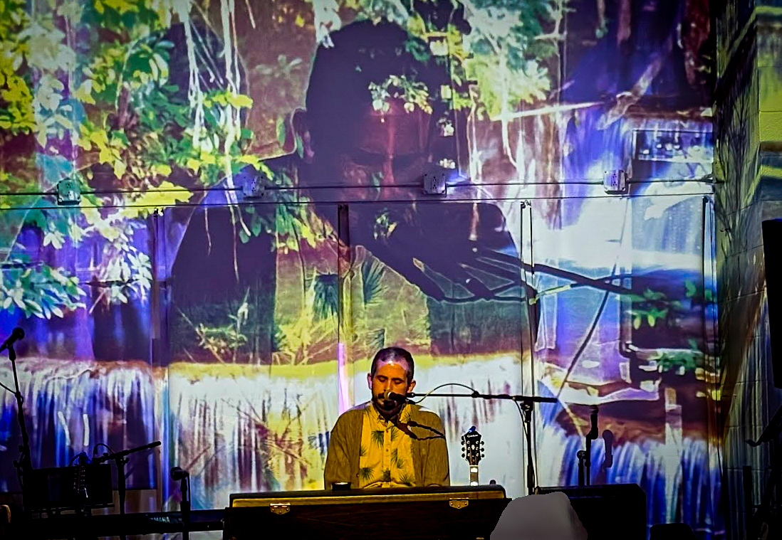 A musician is performing on stage with a keyboard and a microphone. The background features a large, vibrant projection of a nature scene, showing trees and a waterfall, creating a serene and immersive atmosphere. The performer is illuminated, contrasting with the vivid and detailed natural imagery behind them.